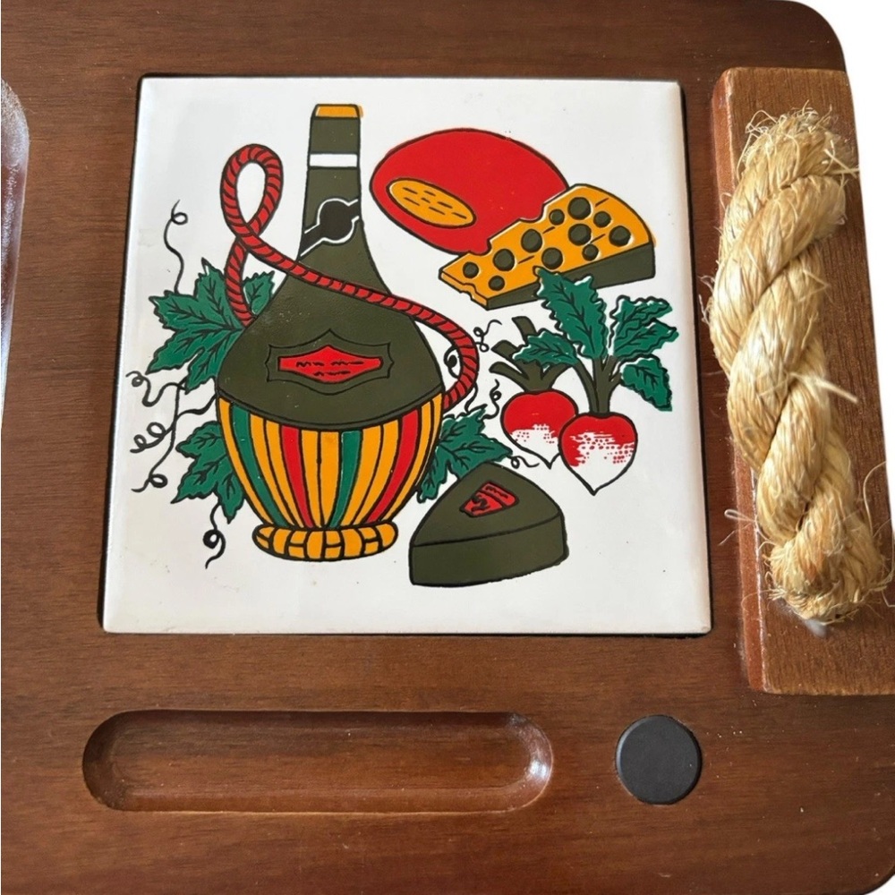 Vintage Mid-Century Modern Teakwood Ceramic Tile Handled Cheese Cutting Board - Picture 3 of 7